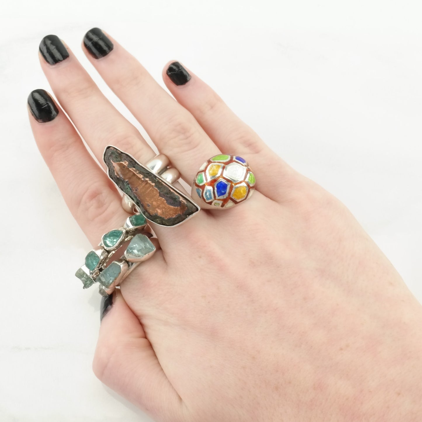 Vintage RLA, Richard Lindsay Silver Ring Chrysocolla in Copper Navette Sterling Brown Size 6 1/2