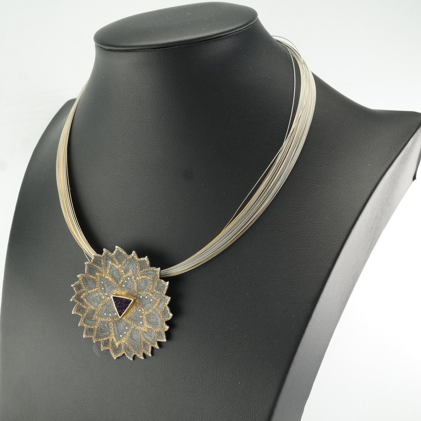 Vintage Designer Sterling Silver Druzy Quartz, Diamonds 24K Accents Necklace