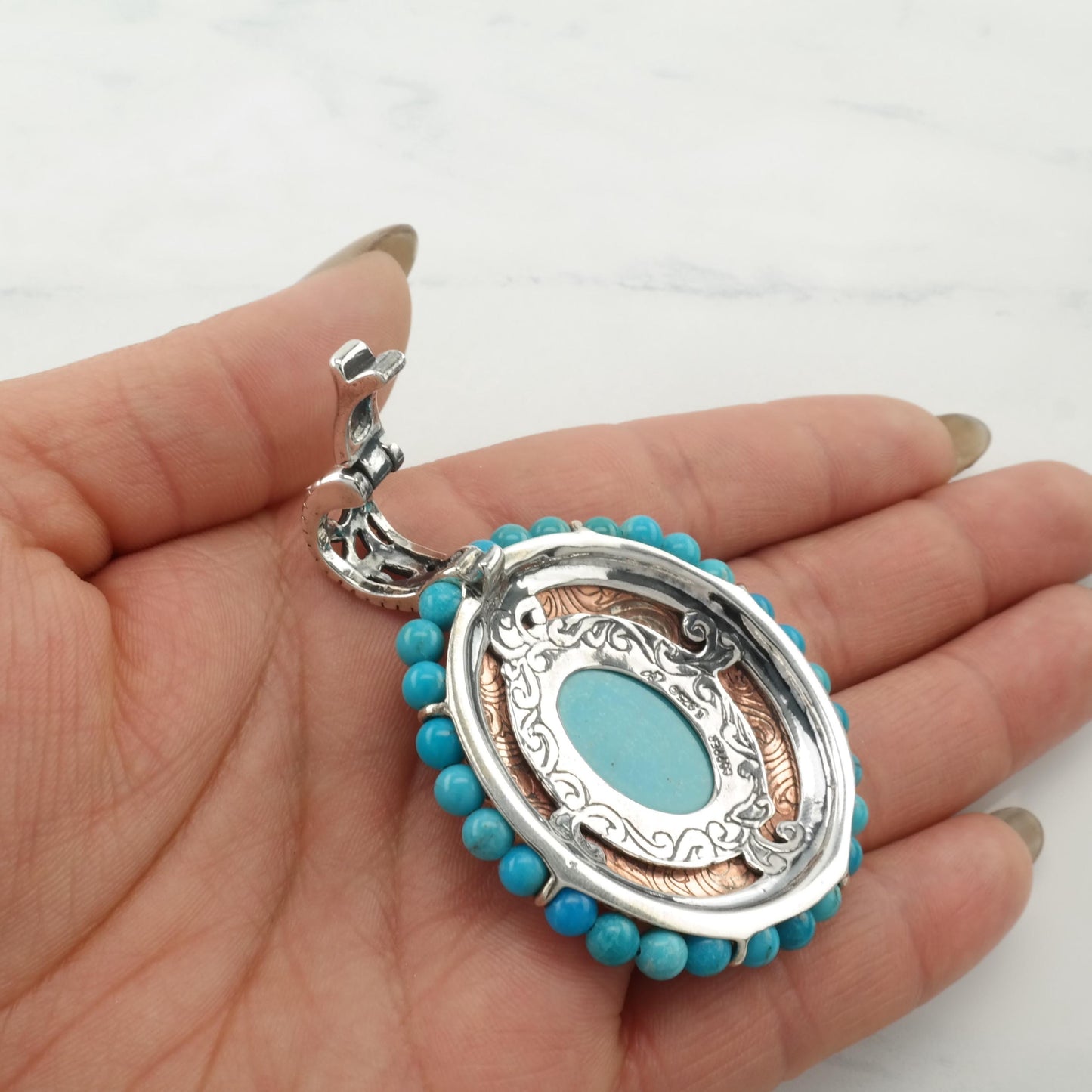 Small Dent Carolyn Pollack Turquoise Pendant Copper Filigree Sterling Silver P2647