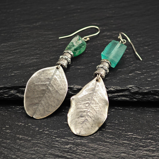 Vintage Green Sea Glass, Leaf Fish Hook Earrings Sterling Silver