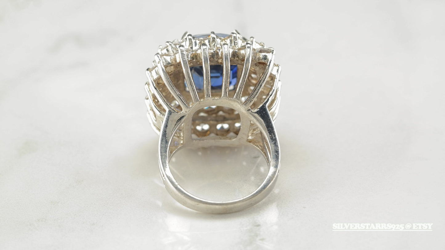 Vintage Cocktail Sterling Silver Ring Size 6.5 Blue Sapphire CZ