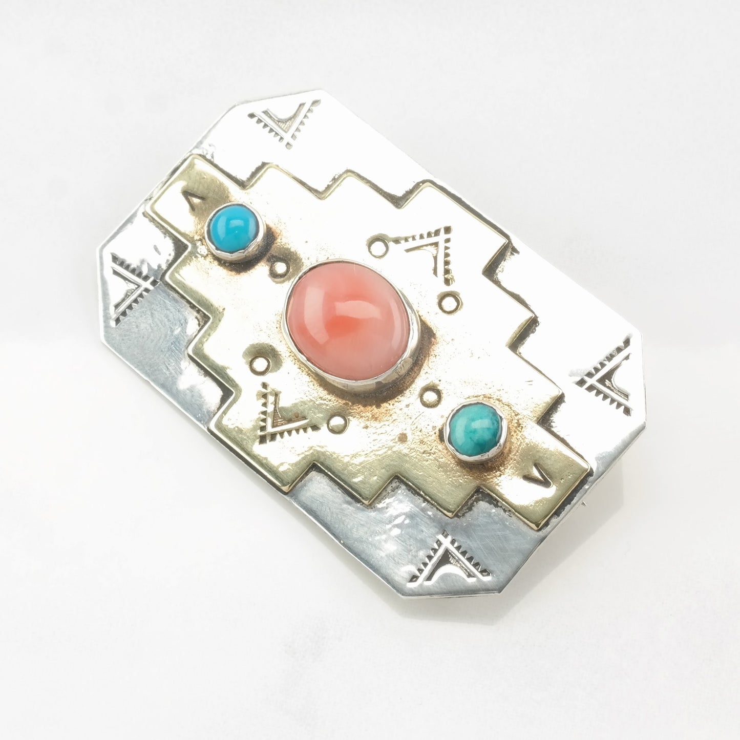 Sw Turquoise, Angel Skin Coral Brooch Stamped Gold tone Sterling Silver B1541