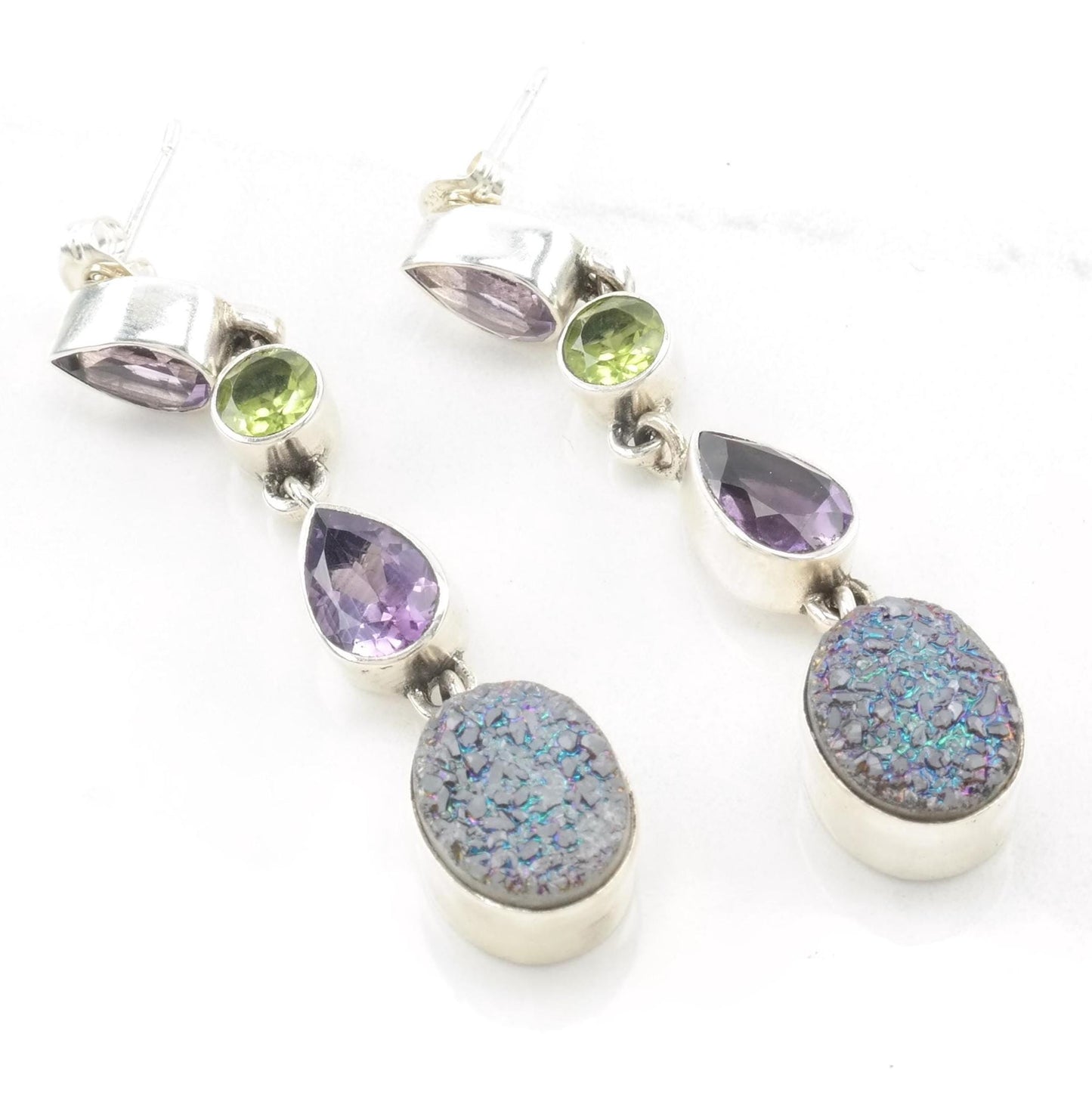 Vintage Nicky Butler Sterling Silver Stud Dangle Earrings Amethyst, Peridot Druzy
