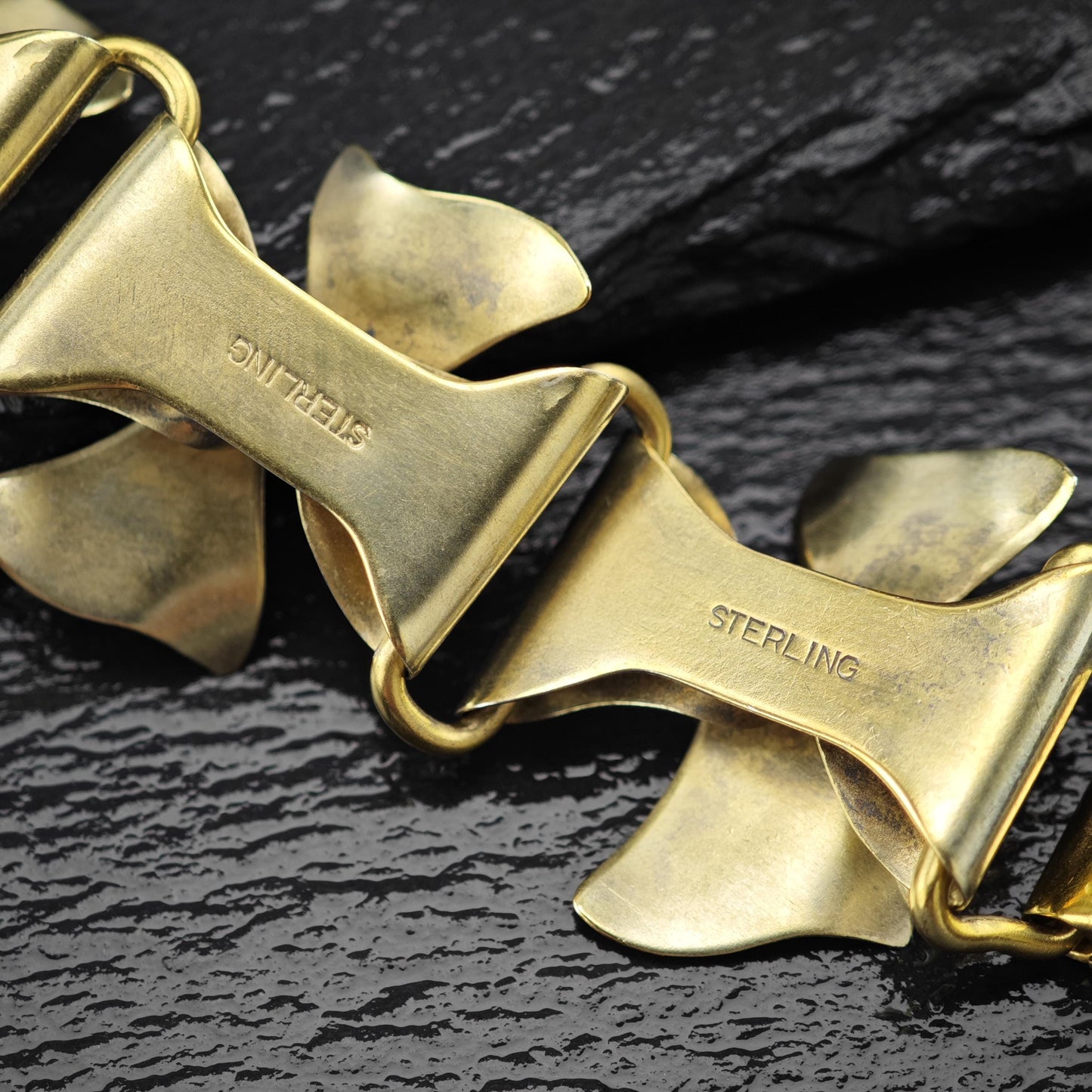 Gold Gilded Floral Link Bracelet Sterling Silver Size 6 3/4"