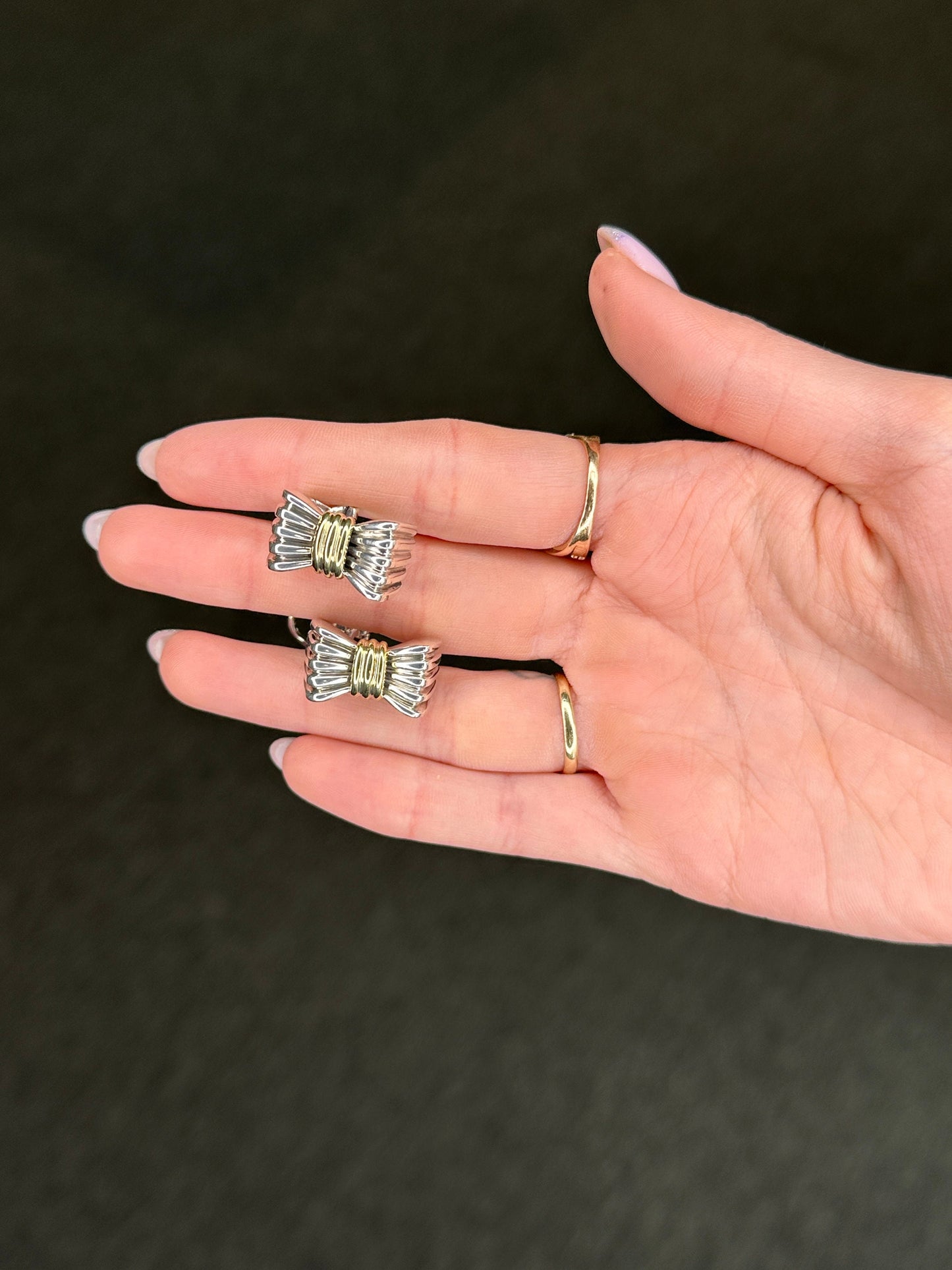 Vtg Tiffany and Co Sterling Silver Gold Silver 18K Gold Accent Bow Earrings Omega Back ER2145
