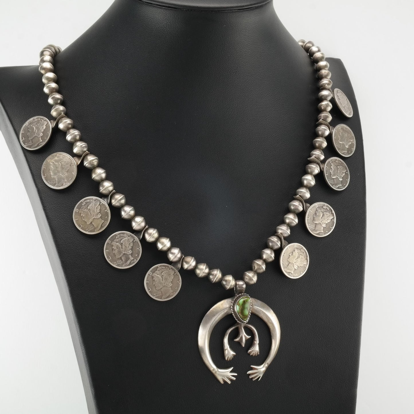 Vintage Native American Turquoise, Mercury Dimes Sterling Silver Squash Blossom Necklace