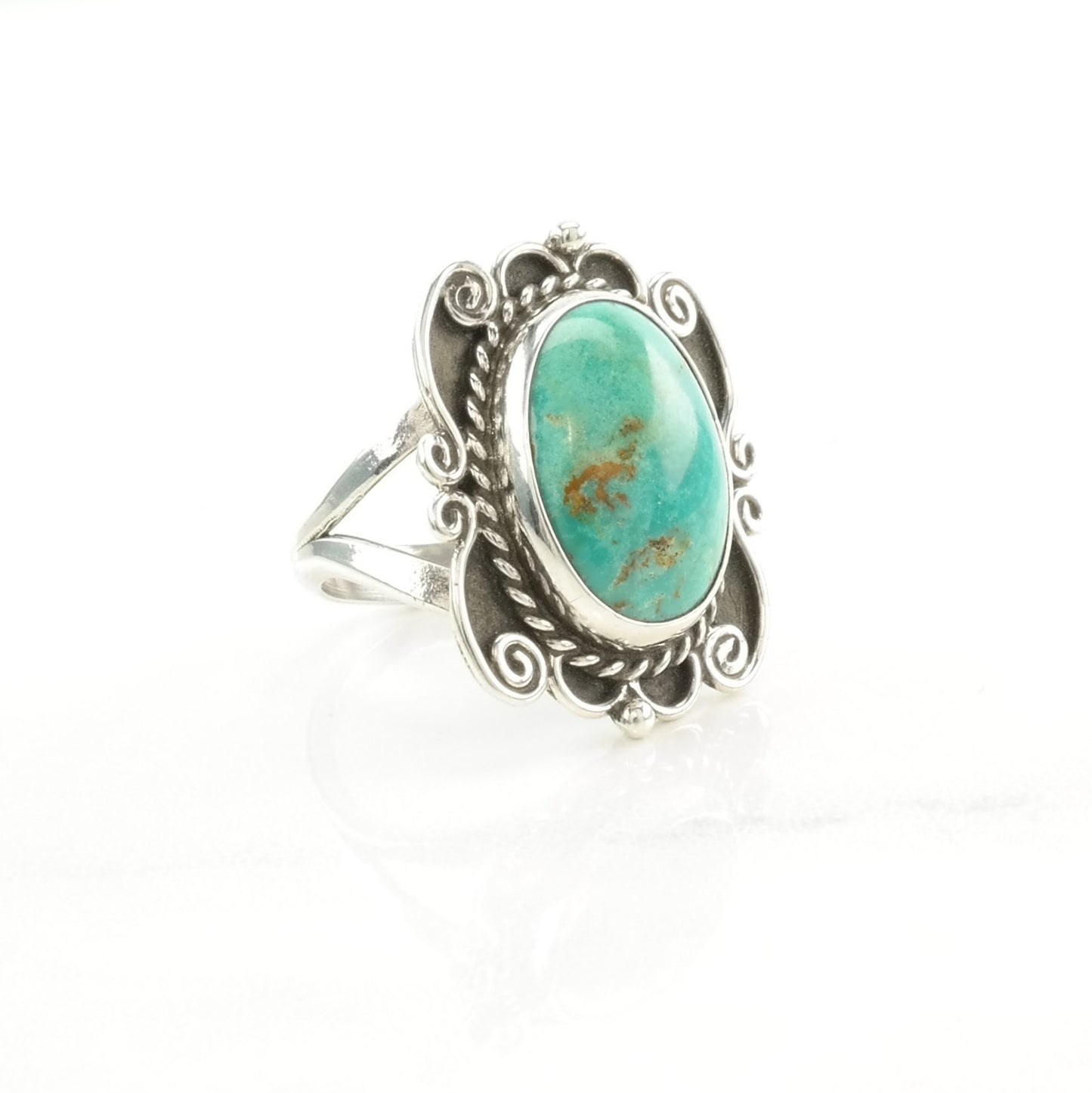 Vintage Southwest Silver Ring Turquoise Scroll Detail Sterling Blue Size 8 1/4
