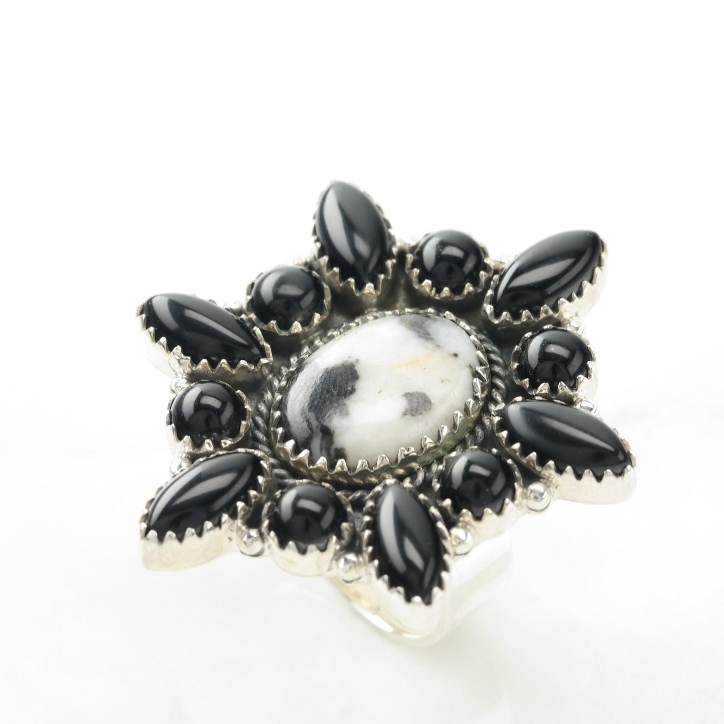 Vintage Sterling Silver Ring Onyx, Agate Large Black, white Size Adjustable