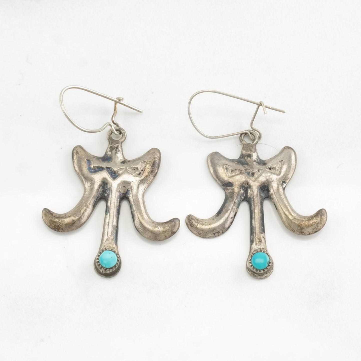 Native American Sterling Silver Turquoise Stamped, Sandcast, Earrings Fish Hook, Dangle