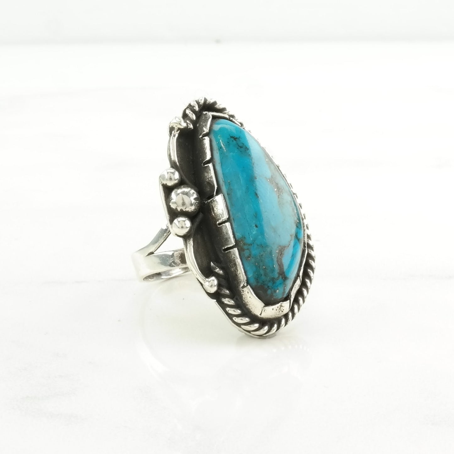Vintage Southwest Silver Ring Turquoise Rope Detail Sterling Blue Size 8