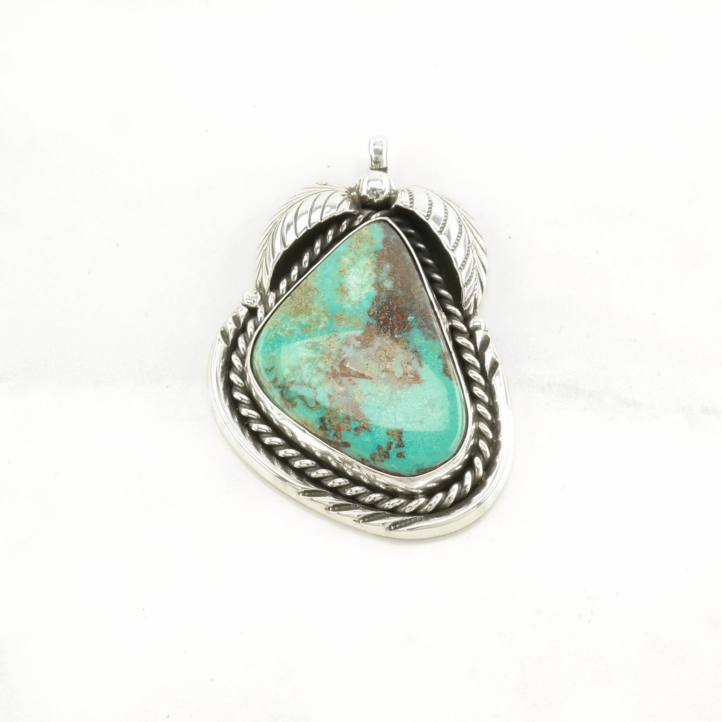 Vintage Native American Turquoise Leaf Sterling Silver Pendant