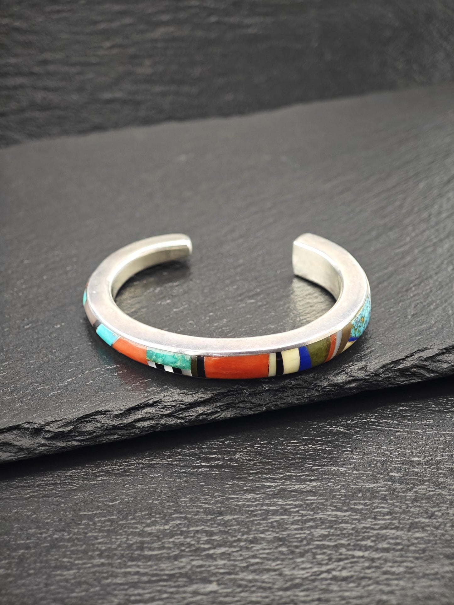Signed Native American Inlay, Cuff Bracelet Sterling Silver