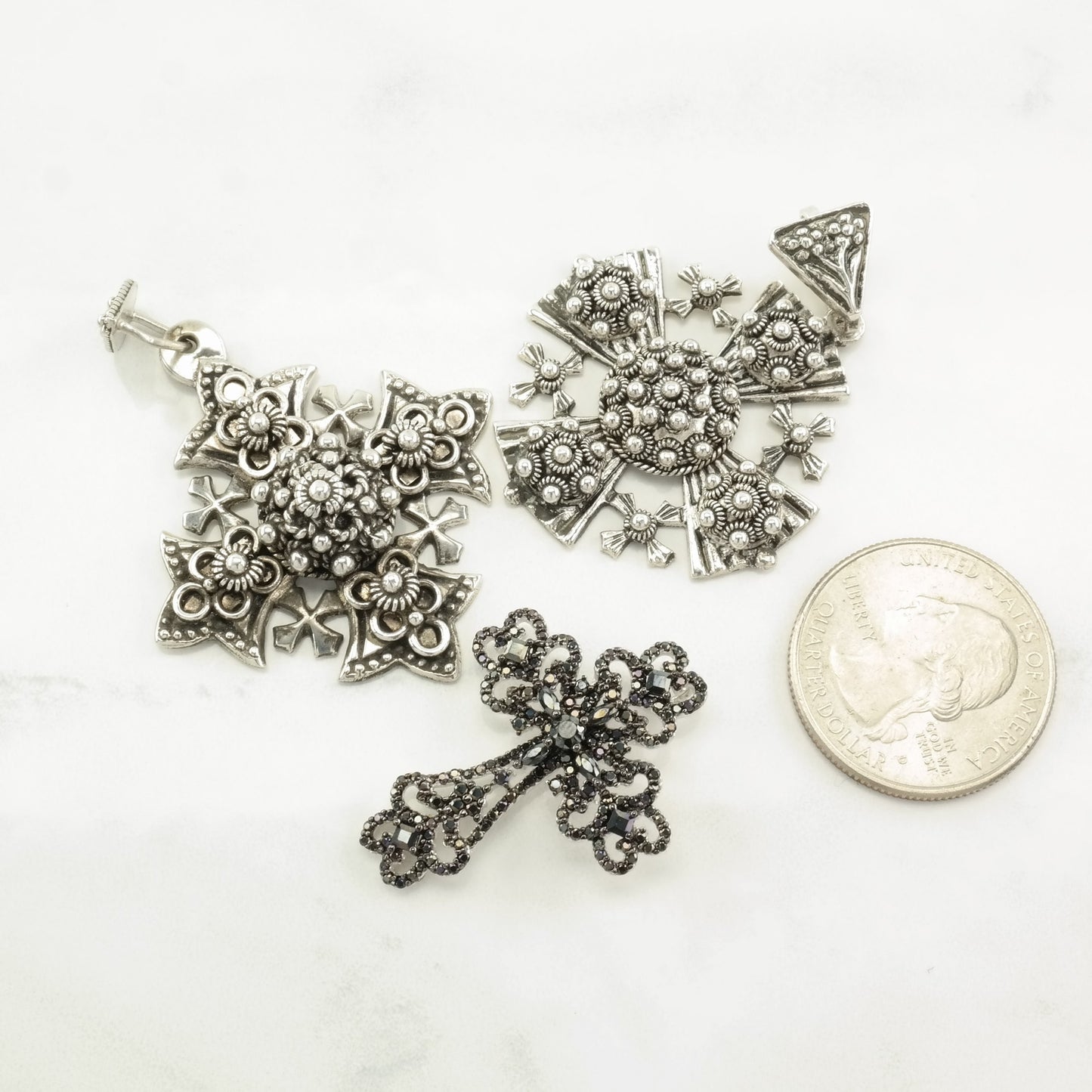 Vintage Jerusalem Cross Black Onyx Cross Sterling Silver Pendant