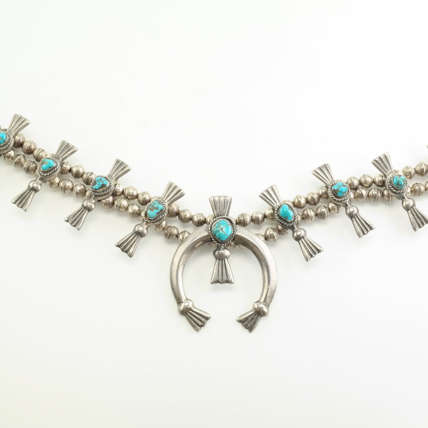 Vintage Native American Sterling Silver Gem Turquoise Squash Blossom Necklace