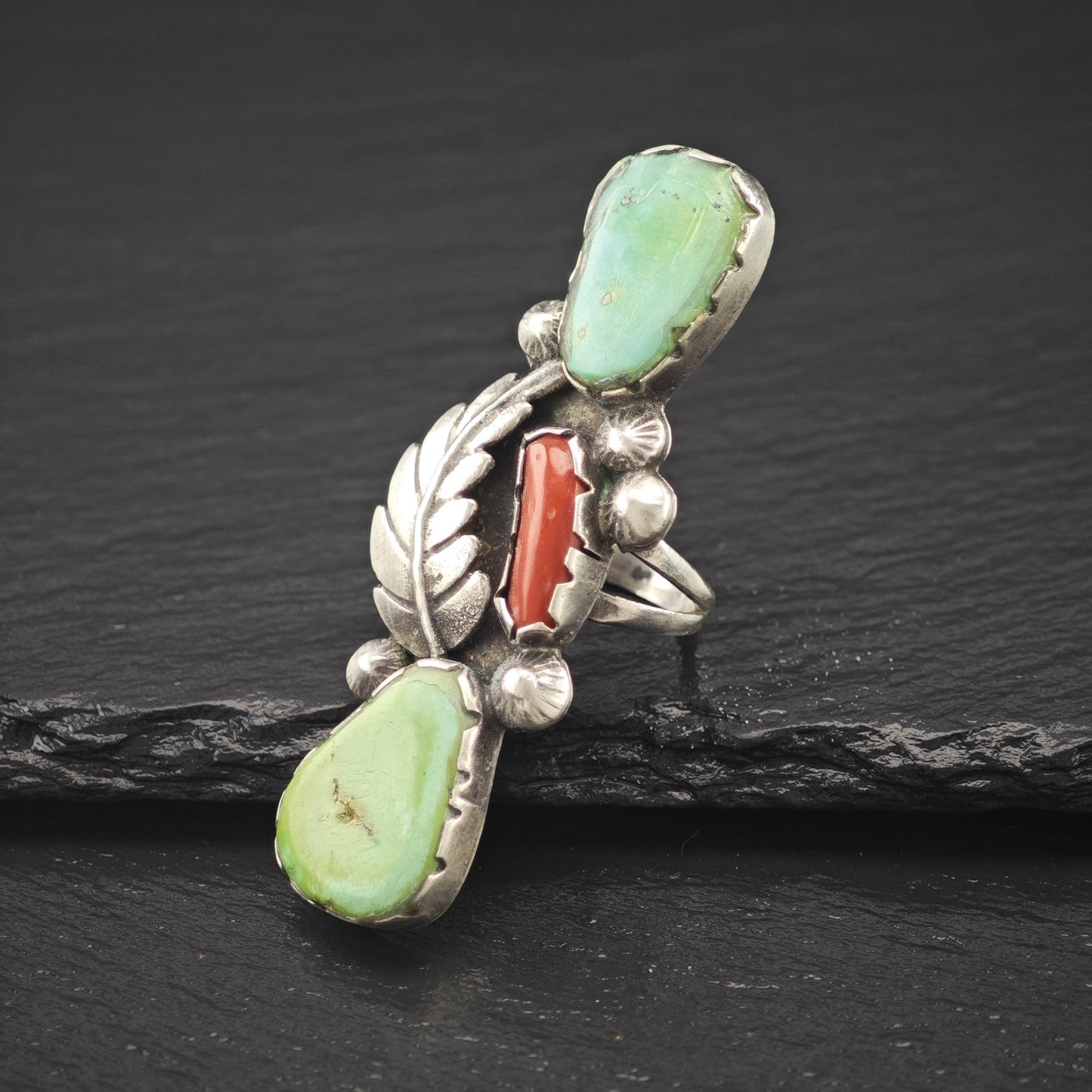 Long Native American Green Turquoise Coral Ring Sterling Silver