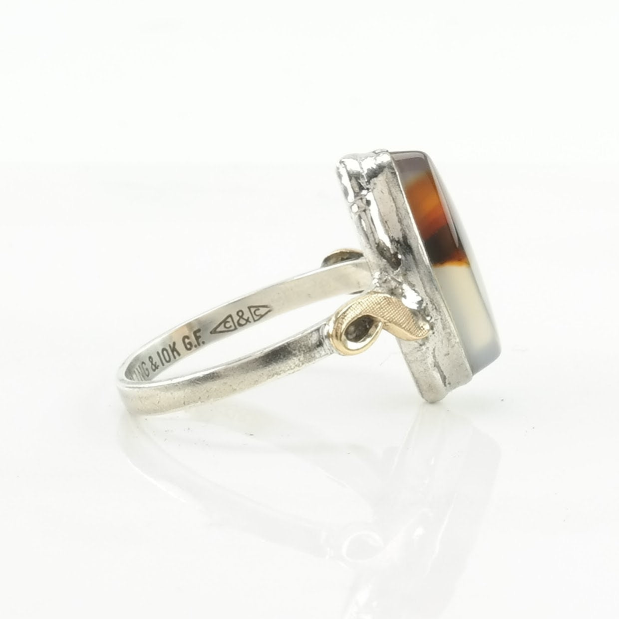 Vintage Art Deco Silver Ring Dendritic Agate Navette Sterling Size 6