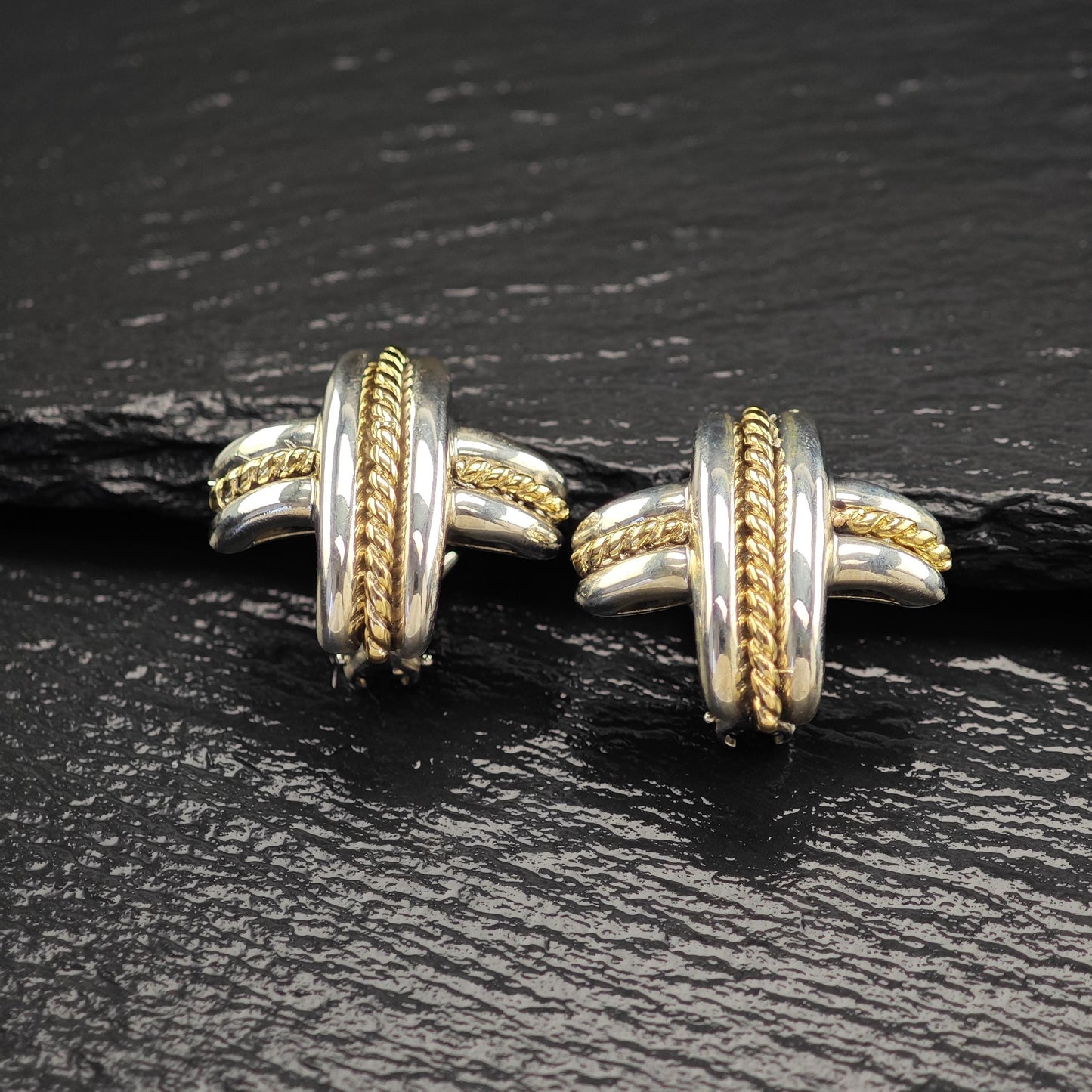 Tiffany Gold Cross, X 18k Gold Accent, Two Tone Omega Back Earrings Sterling Silver