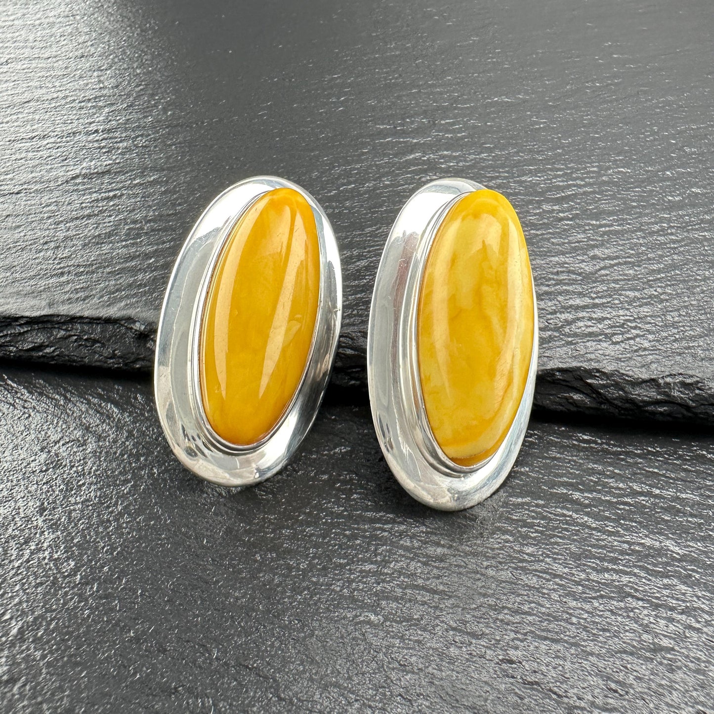 Large Oval Sterling Silver Butterscotch Amber StudClip-On Earrings MODERNIST Design