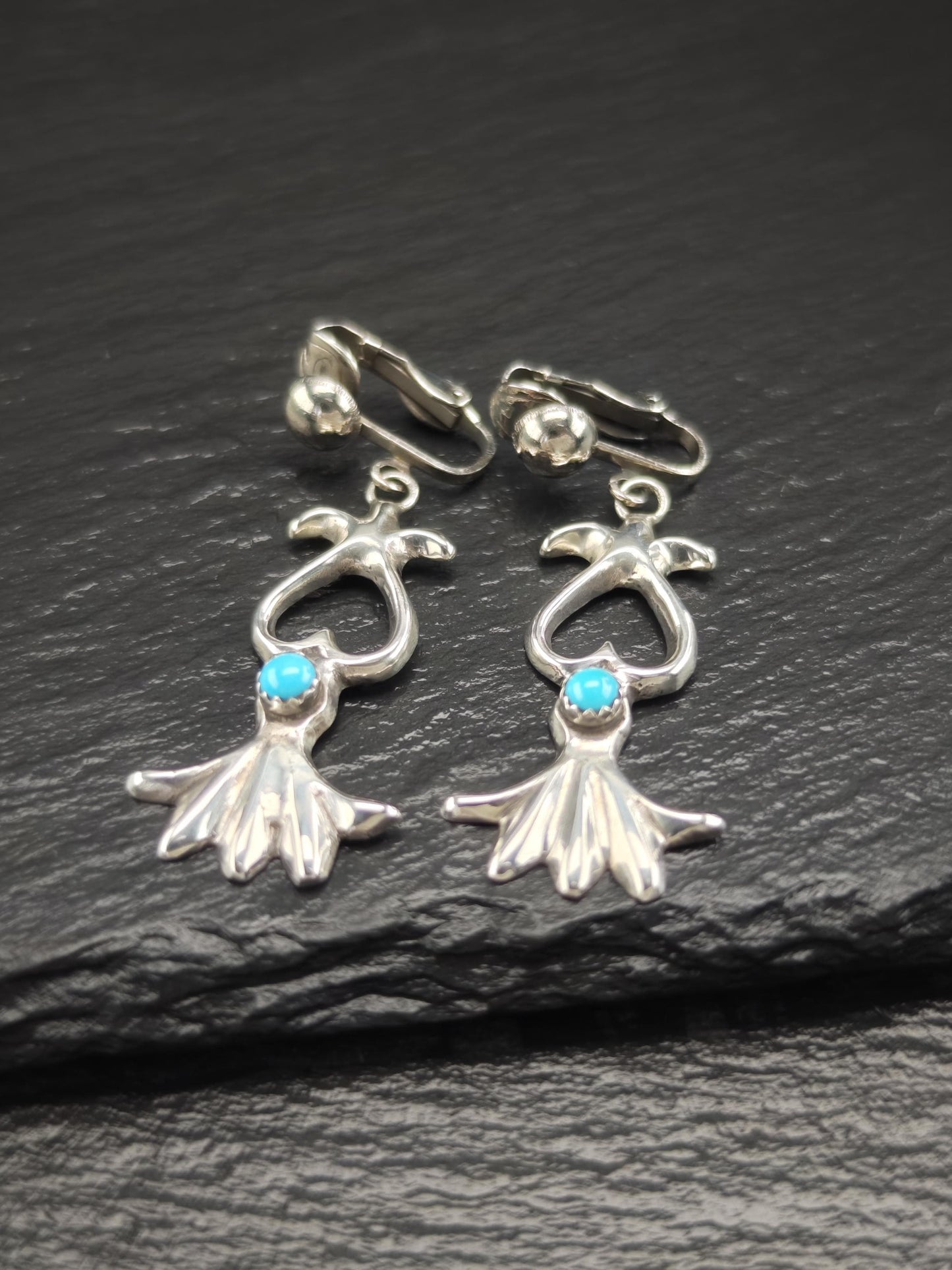 Southwest Blue Block Turquoise Sandcast Clip On/Dangle Earrings Sterling Silver