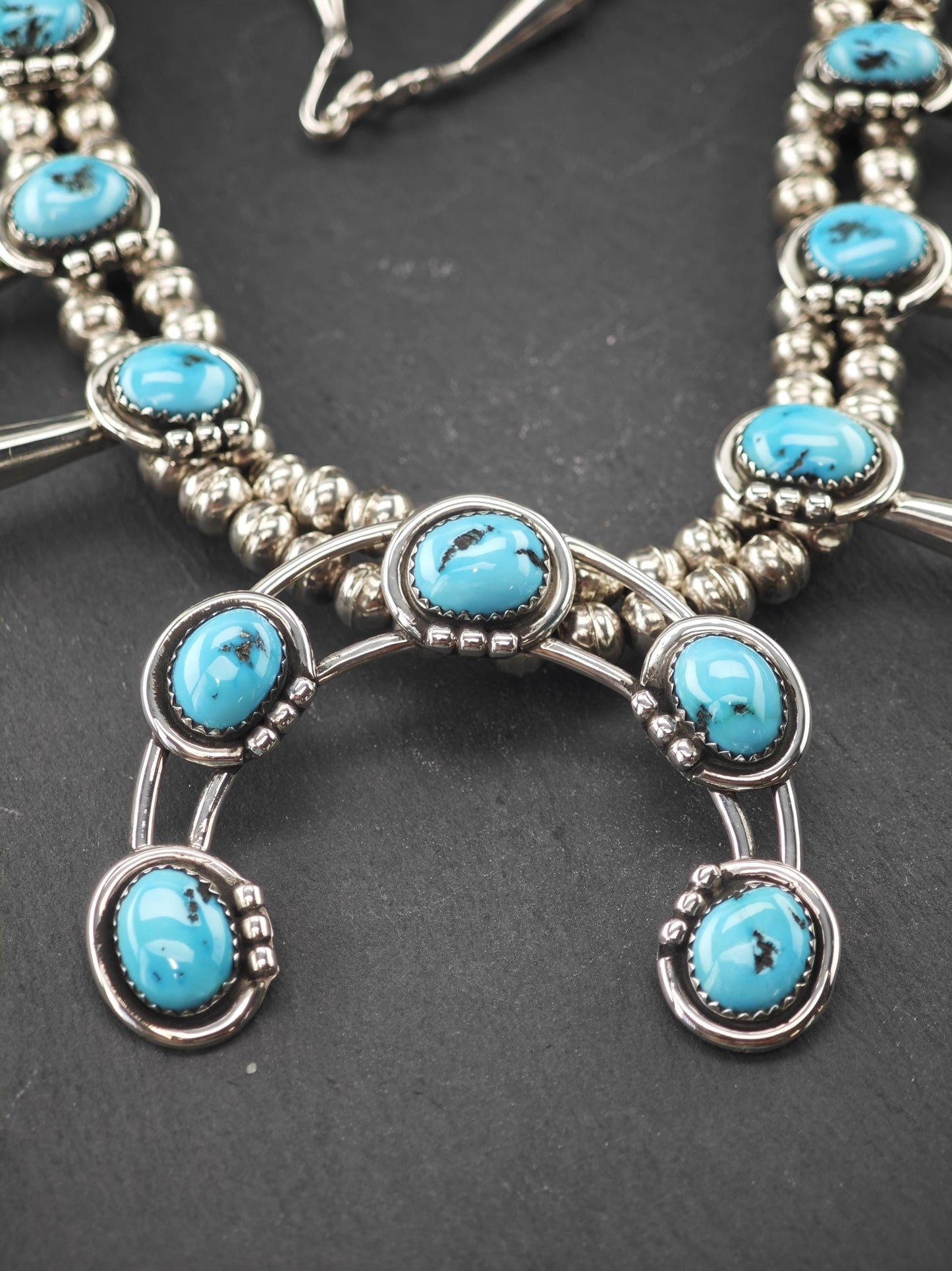 Vintage Native American Sterling Silver, Sleeping Beauty Squash Blossom Necklace