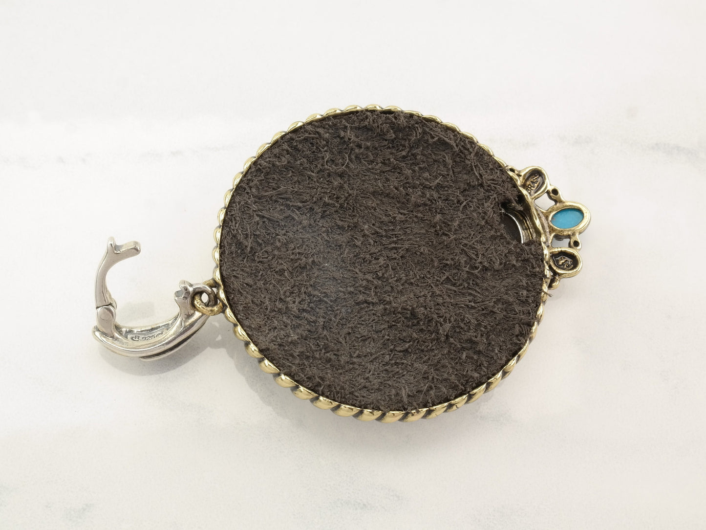 Vintage Relios MOP, Turquoise, Quartz, Leather Brass Accent Sterling Silver Pendant P2021