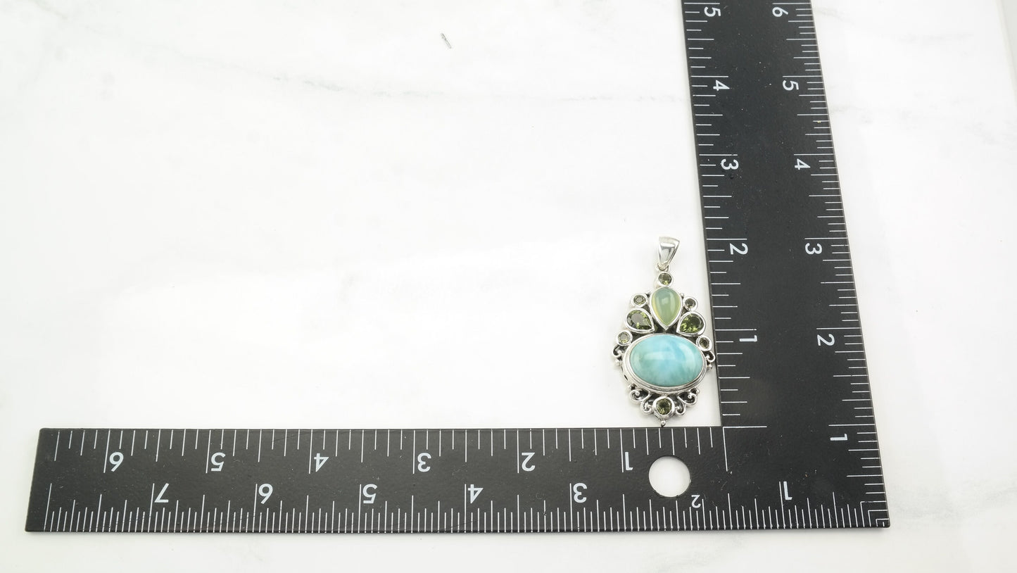 Vintage H&E Larimar, Chrome Diopside Sterling Silver Pendant