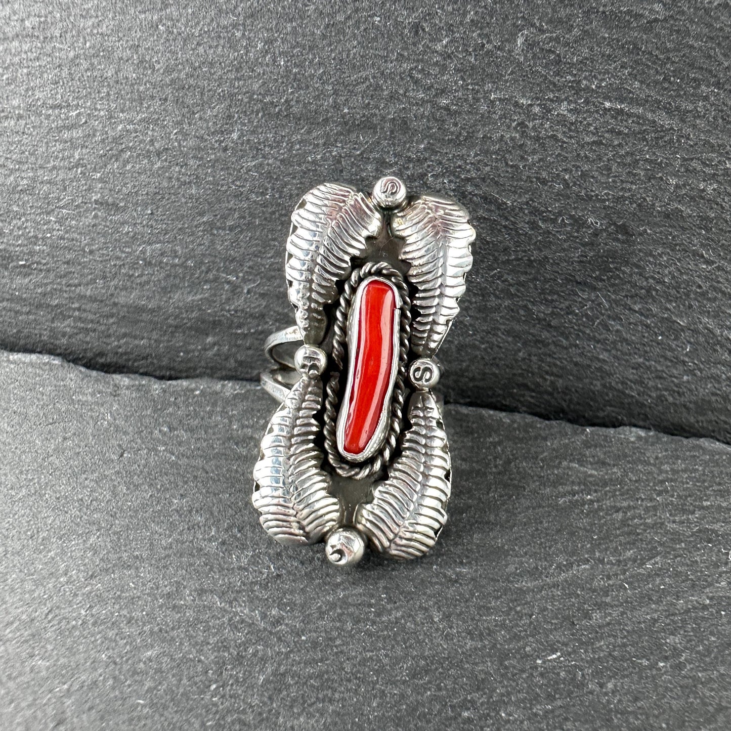 Native American Coral, Floral Ring Sterling Silver