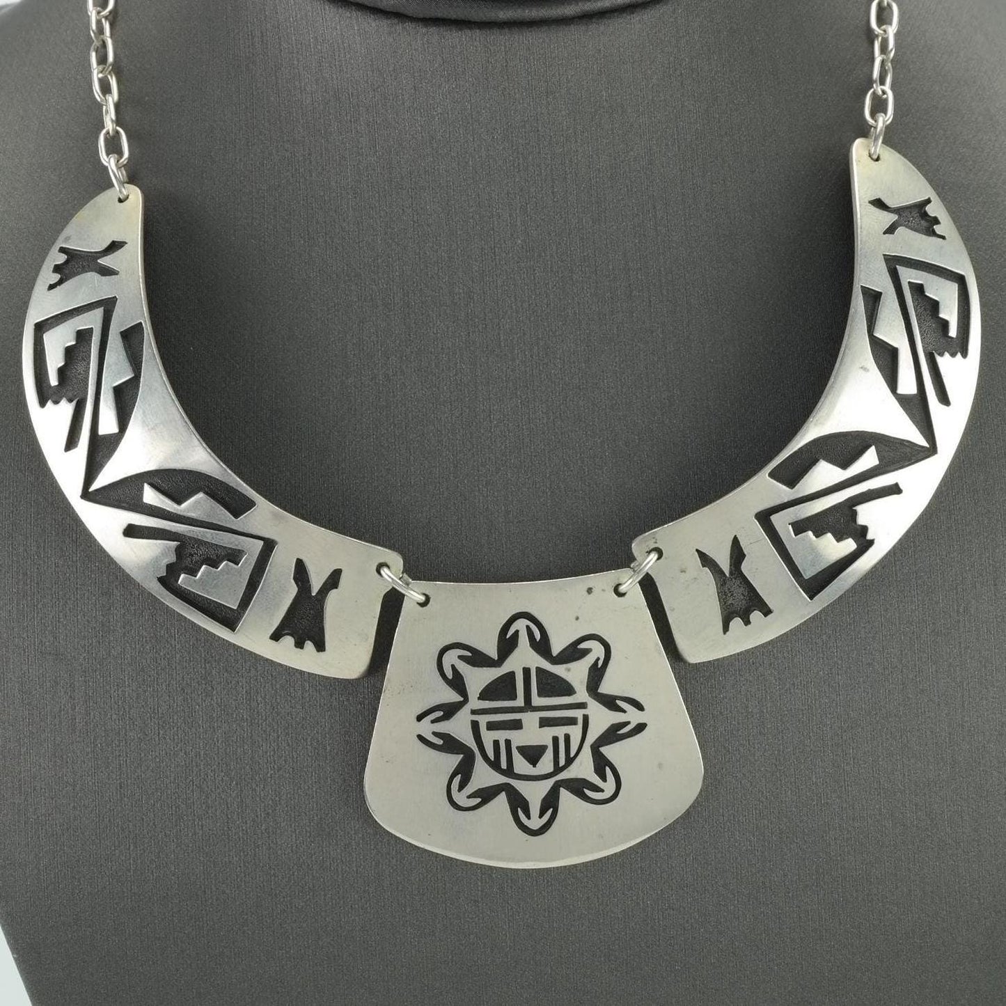Vintage Hopi Sterling Silver Overlay Necklace with Sunface Pendant, Native American, 1980s
