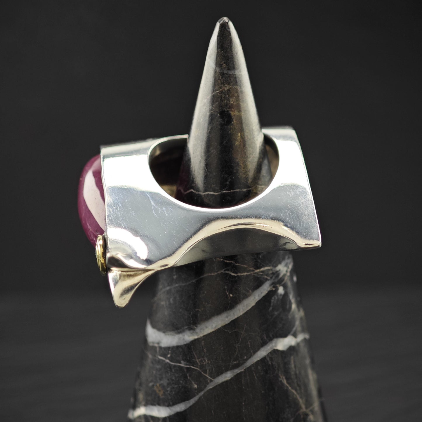 Wave Style Pink Ruby Cabochon Ring Sterling Silver Size 7 1/2