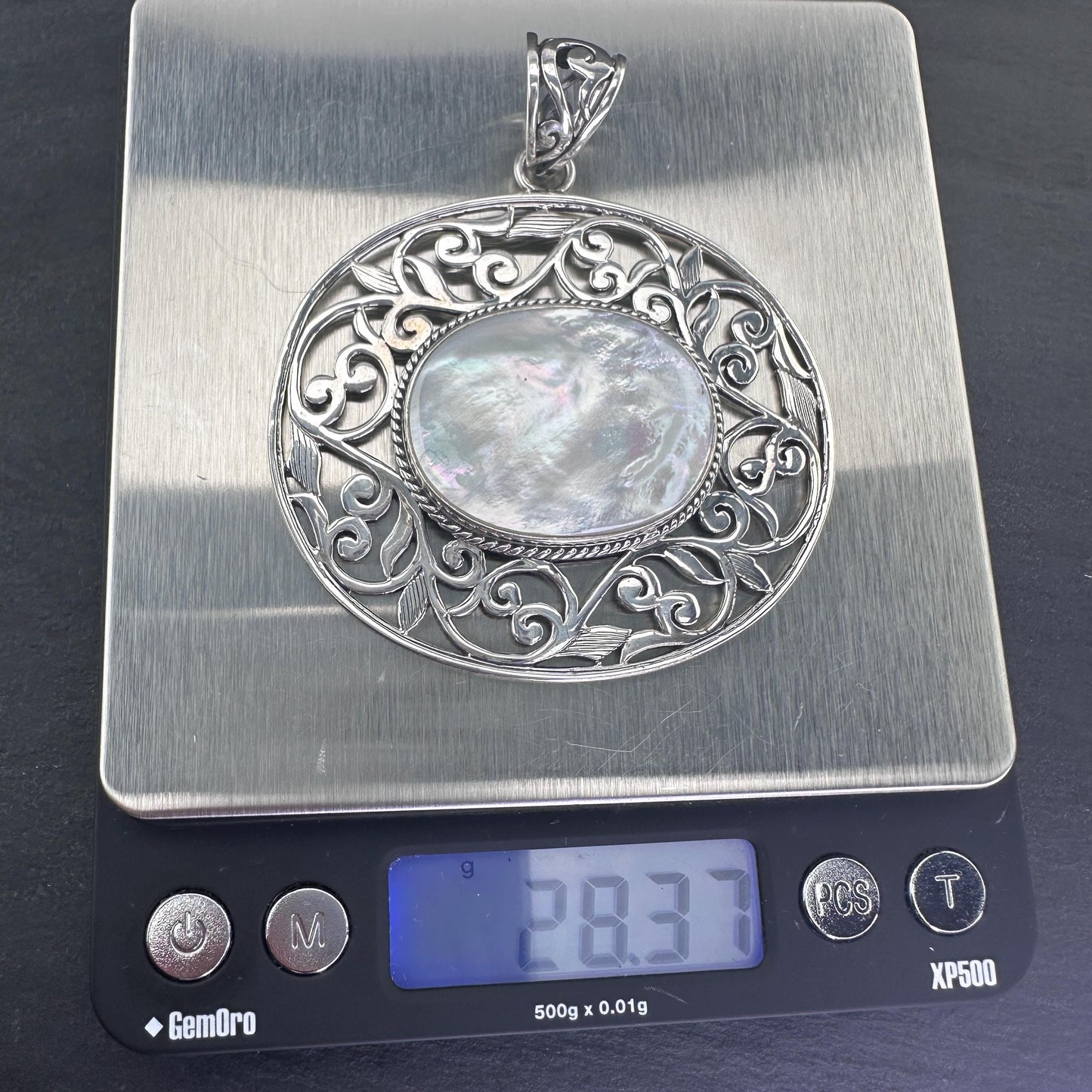 Vintage Large Thai Filigree Silver Pendant MOP Sterling