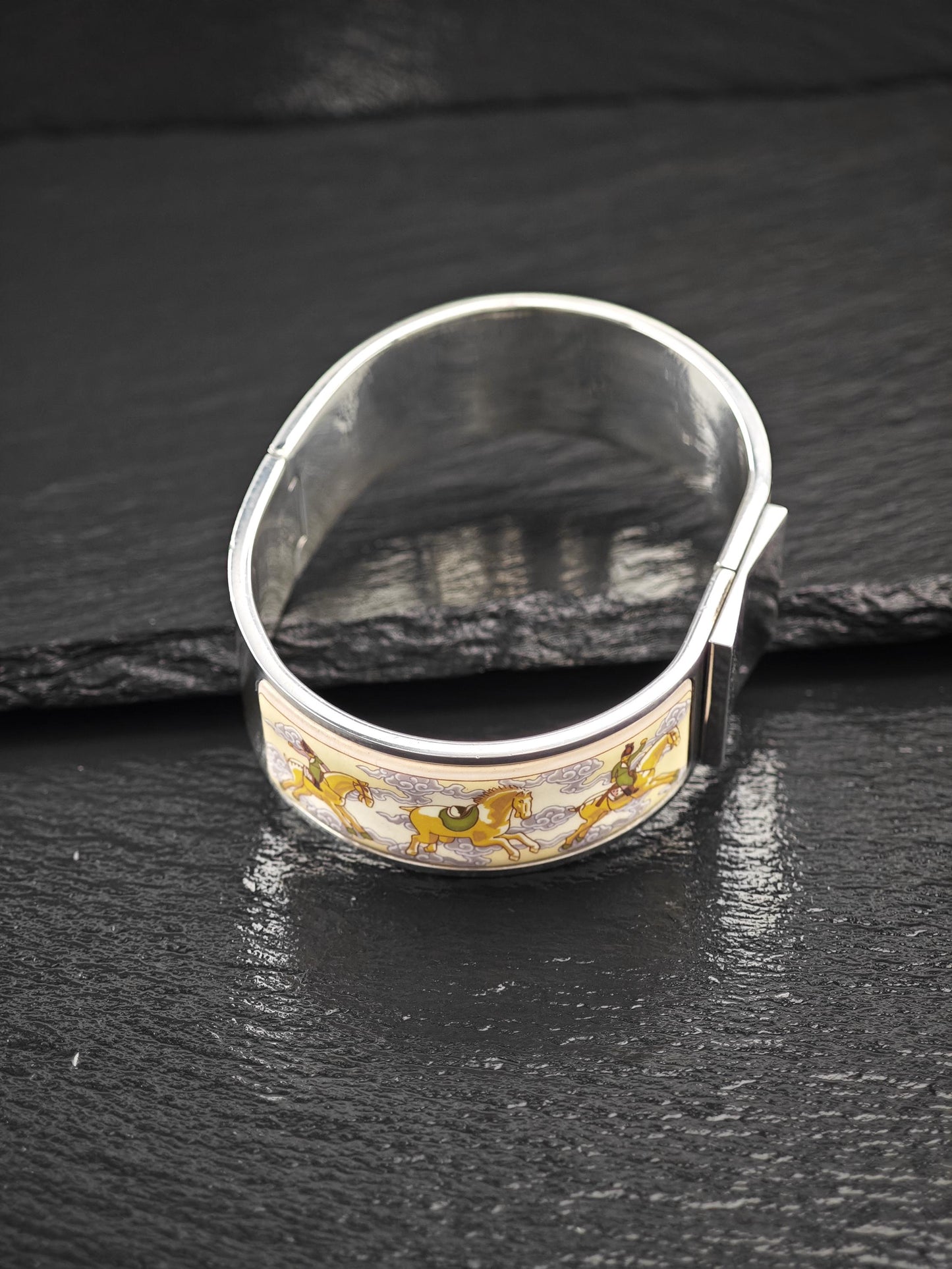 Rare Hermes Equestrian Bangle Bracelet Sterling Silver Porcelain Vintage