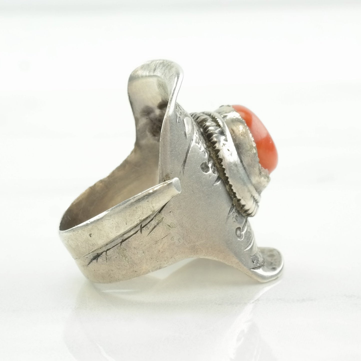 Vintage Sterling Silver Ring Coral Saddle, Stamped Orange Size 5 1/2 - 5 3/4
