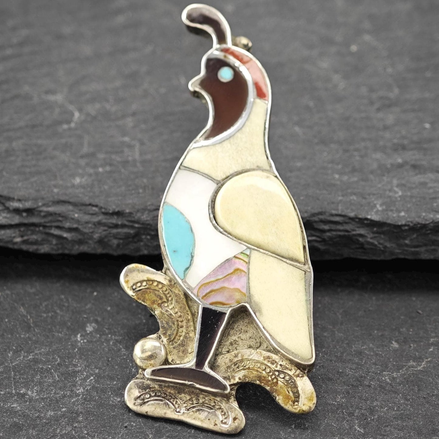 Quail, Zuni Inlay, Native American Sterling Silver Brooch Pendant