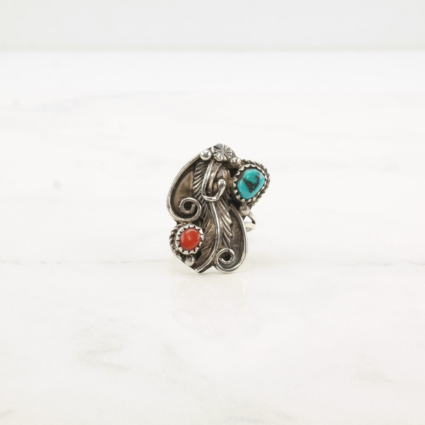 Vintage Native American Silver Ring Turquoise Coral Leaf Flower Sterling Size 6