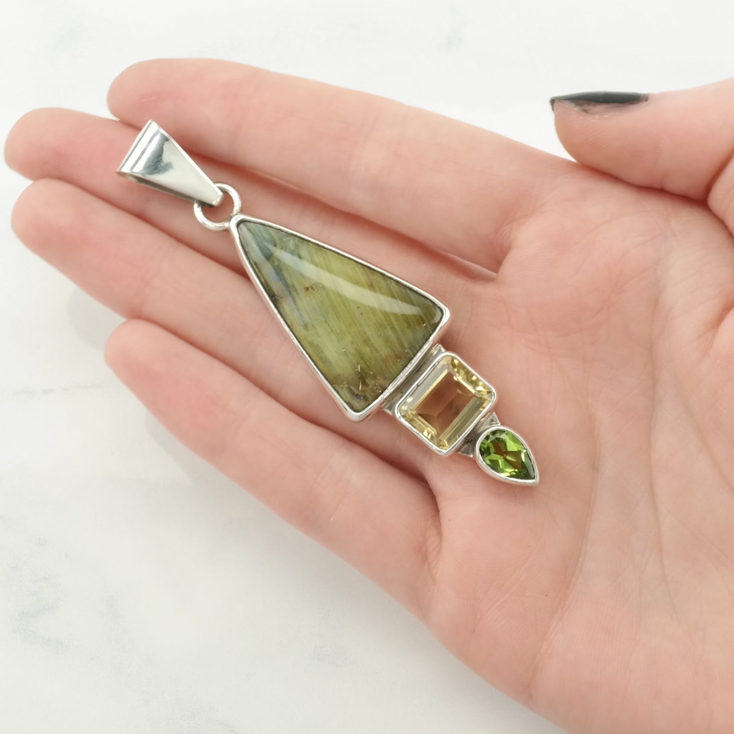 Vintage Charles Albert Citrine, Peridot, Brown Stone Sterling Silver Pendant