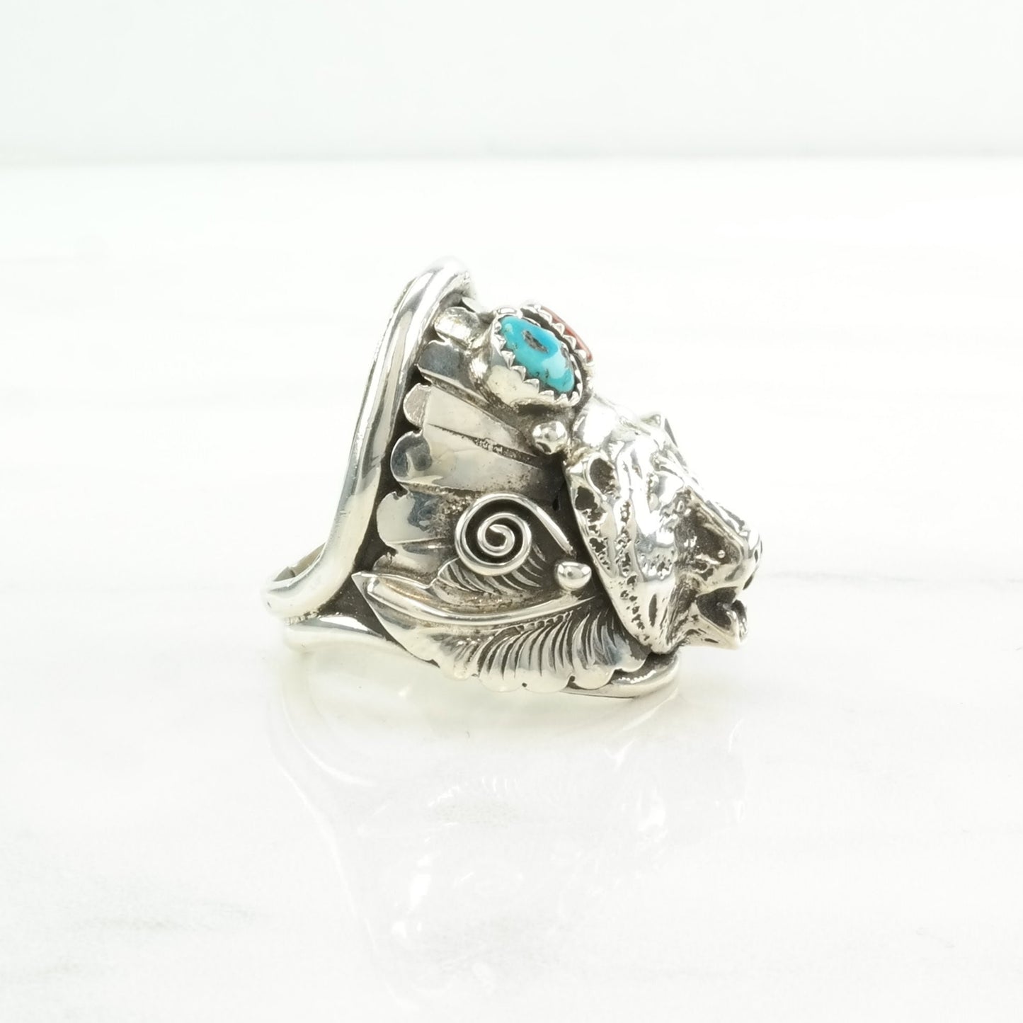 Vintage Native American Silver Ring Turquoise, Coral Bear Sterling Blue, Red Size 11 1/