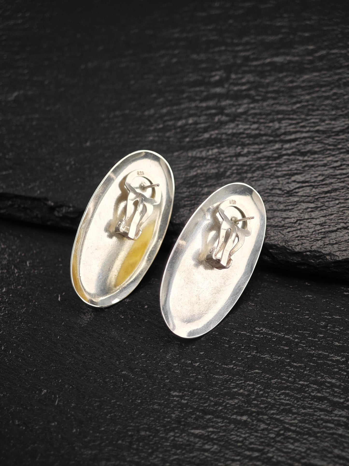 Large Oval Sterling Silver Butterscotch Amber StudClip-On Earrings MODERNIST Design