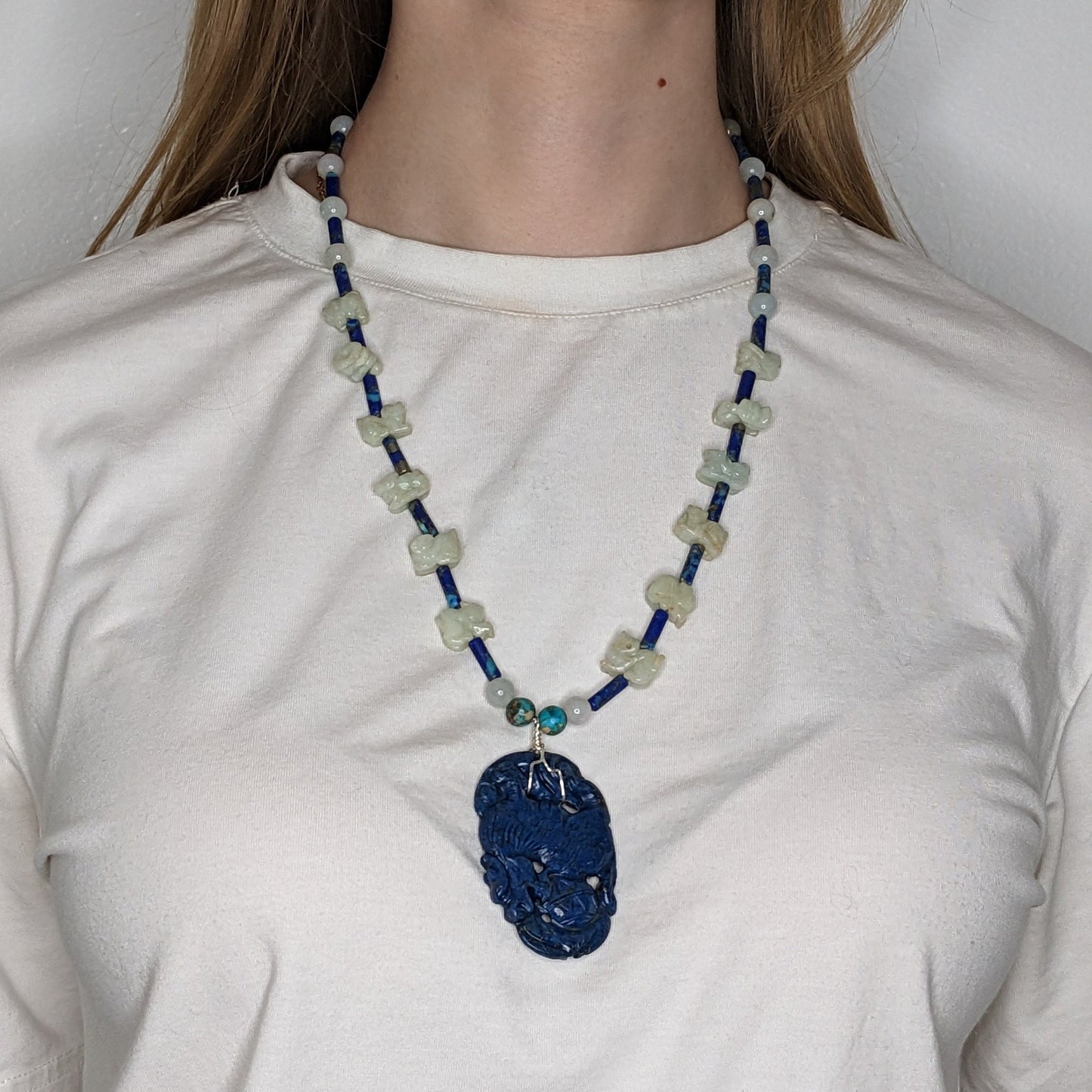 Vintage Sterling Silver & Jade Necklace | Carved Lapis Lazuli Dragon Pendant | White Jade Beads | Boho Chic | 24"