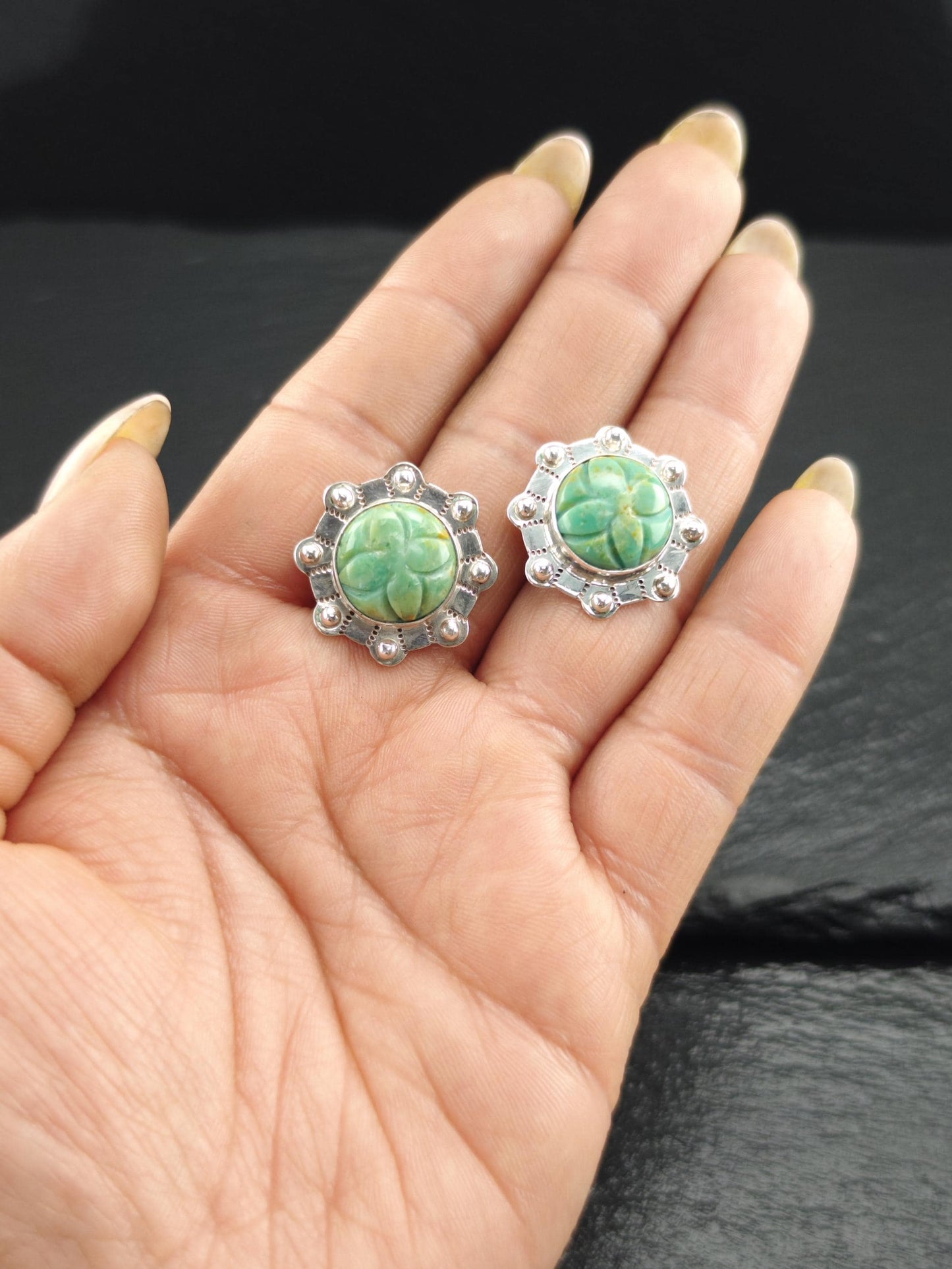 Green Gemstone Carved Floral Stud Earrings Sterling Silver