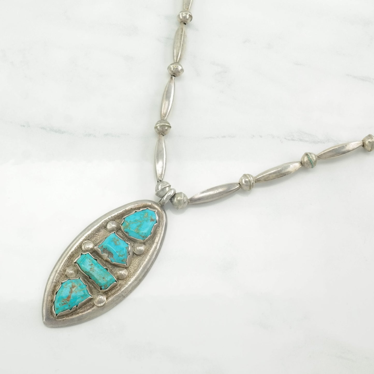 Vintage Native American Sterling Silver Turquoise Beaded Necklace