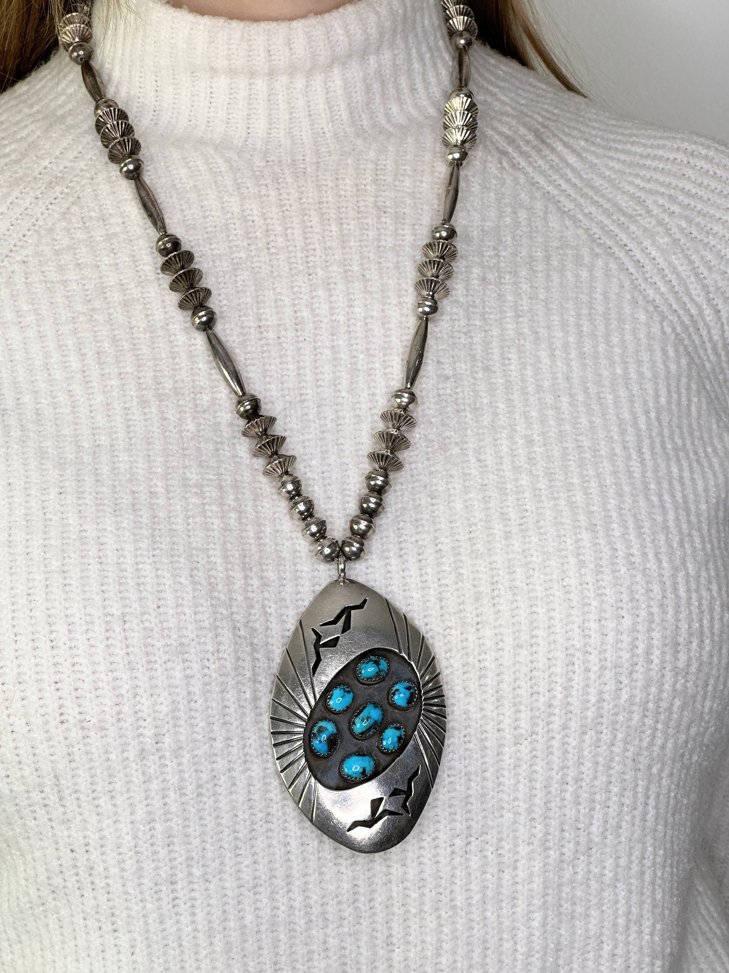 Vintage Native American Sterling Silver Turquoise Cluster Shadowbox Navajo Beads Necklace