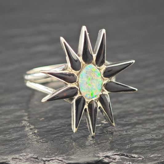 Lab Opal, Onyx Star Ring Sterling Silver