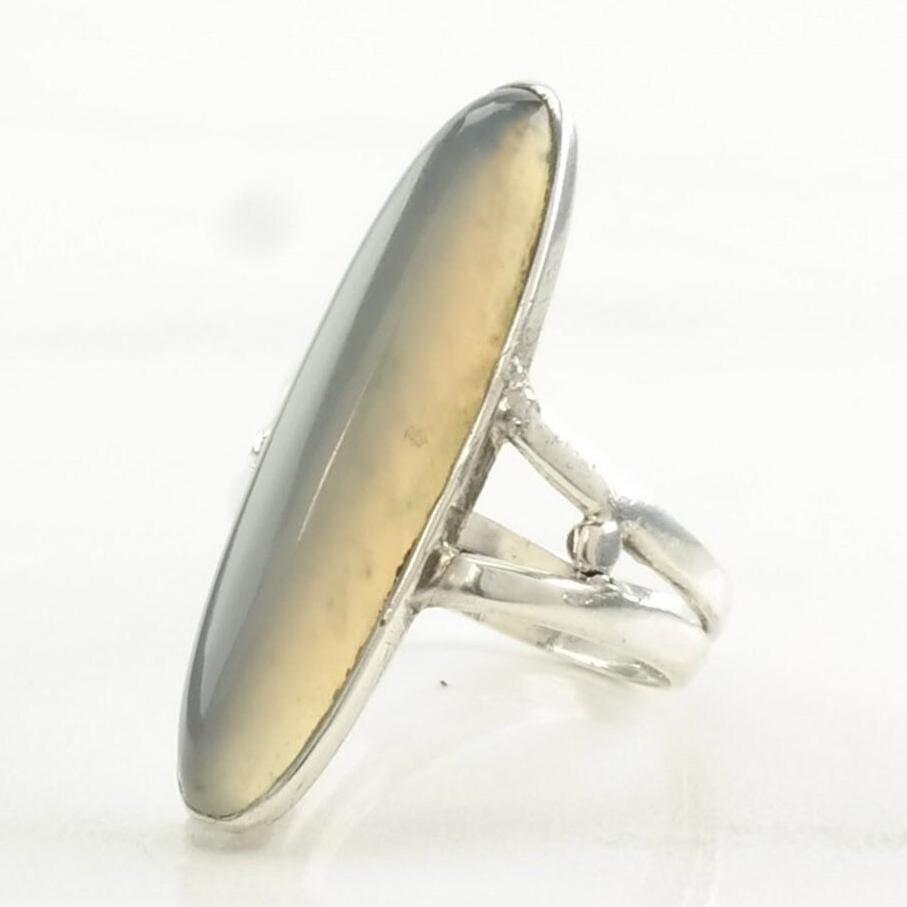 Vintage Art Deco Silver Ring Agate Navette Sterling Gray Size 4 1/2