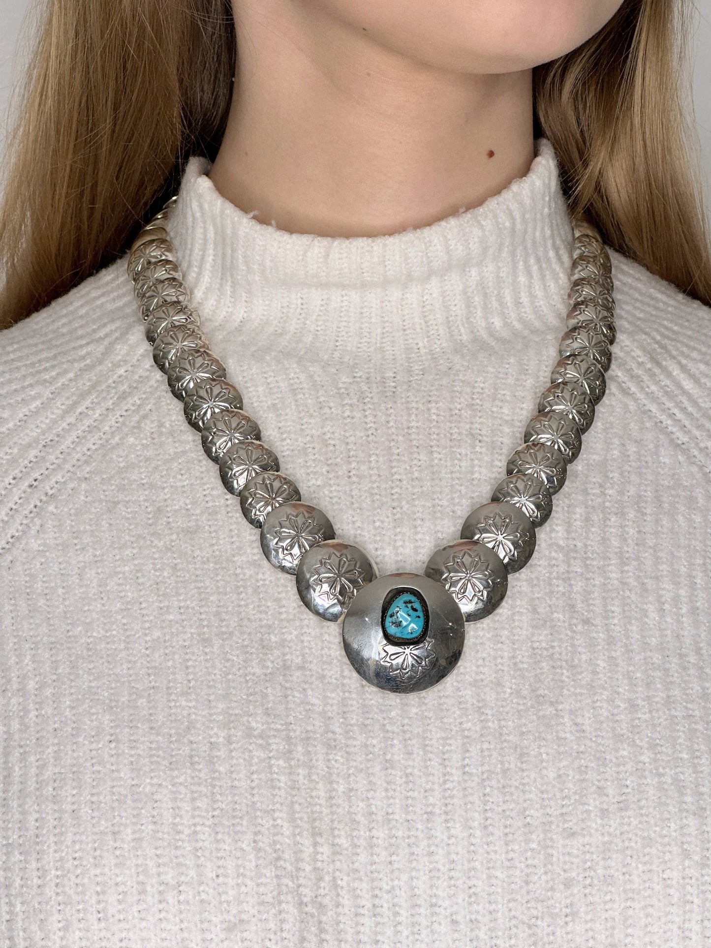 Vintage Sterling Silver Blue Turquoise Disc Reversible Necklace