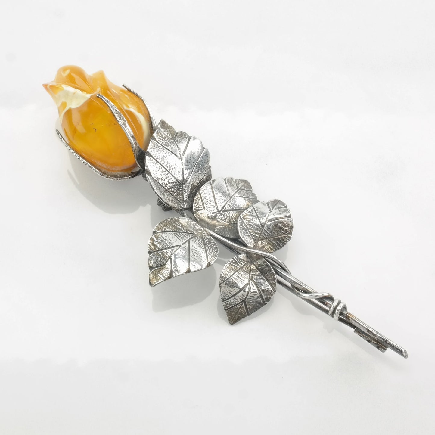 European Sterling Silver Brooch Rose, Floral Butterscotch Amber