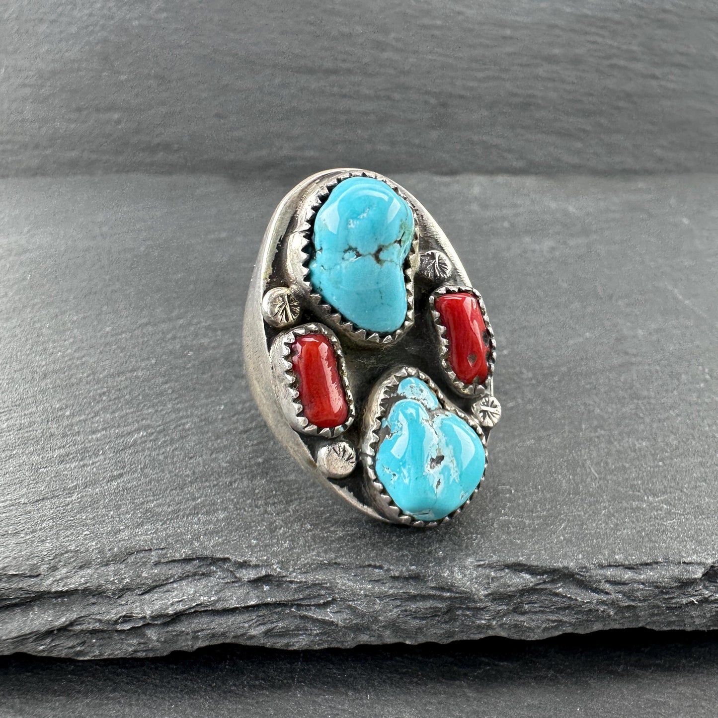 Native American, Coral, Turquoise Ring Sterling Silver