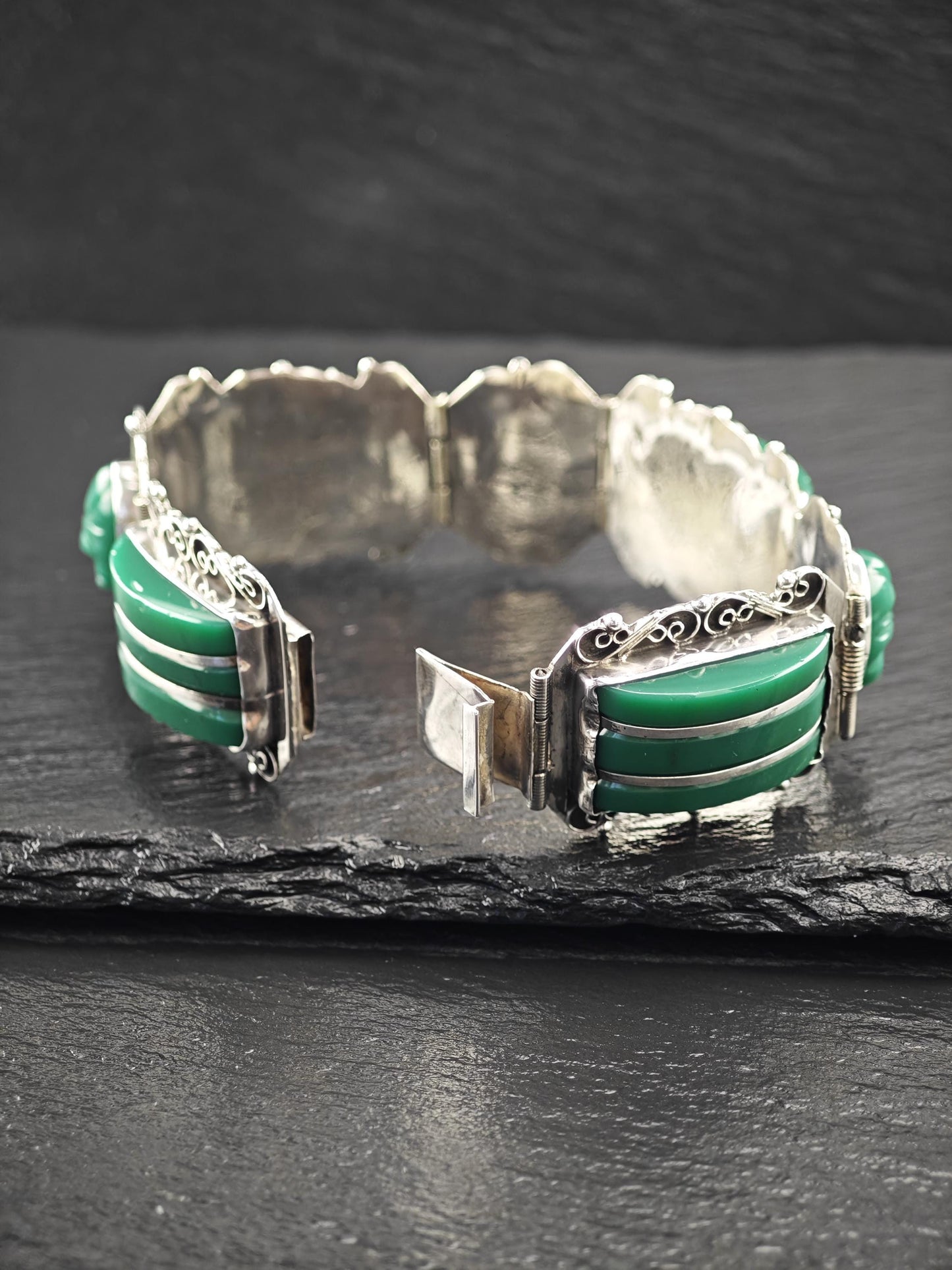 Mexico Green Onyx, Mask Panels Bracelet Sterling Silver