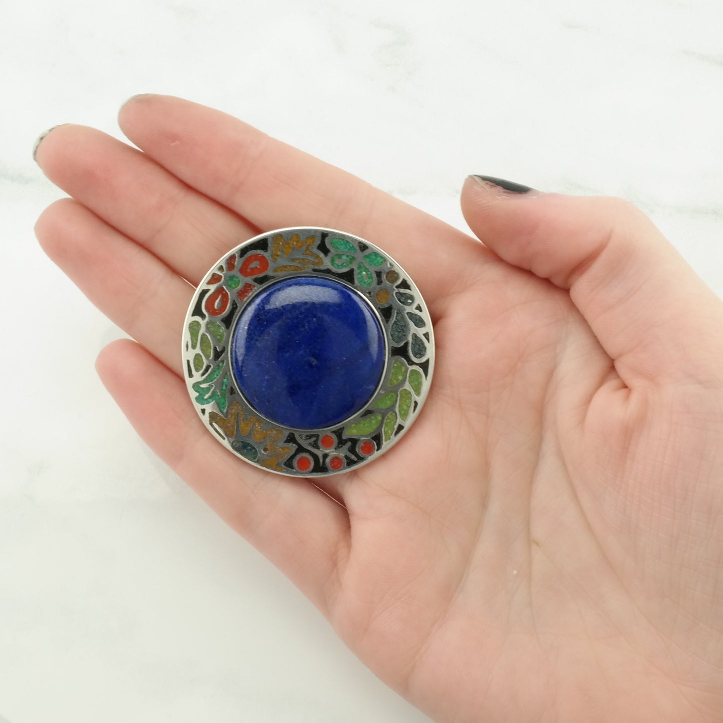 Vintage Carolyn Pollack Lapis Lazuli Inlay, Floral Sterling Silver Pendant