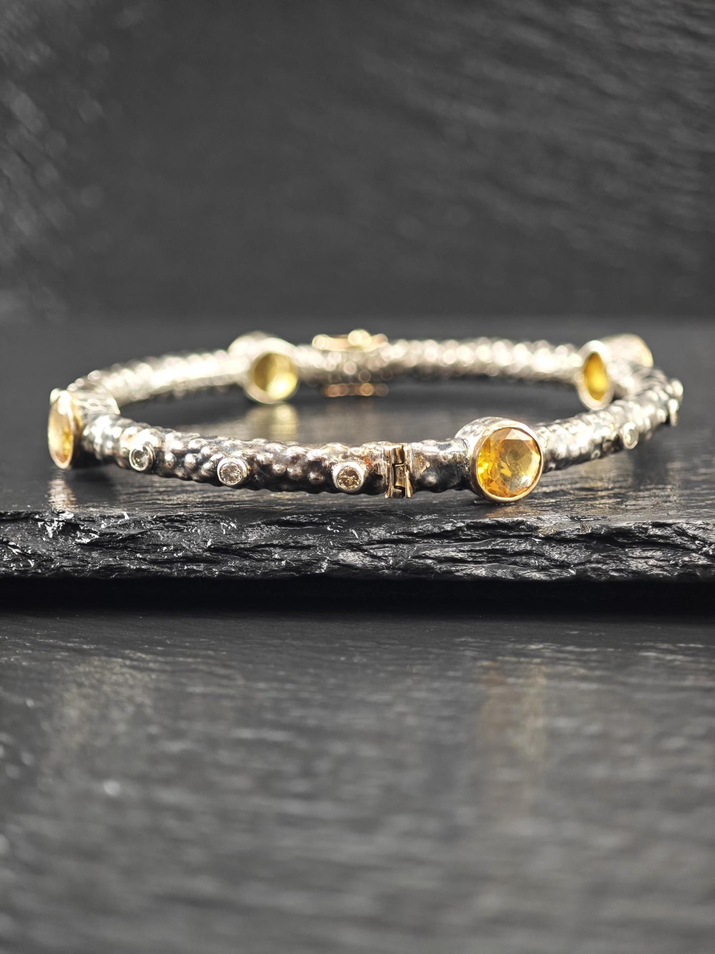 Brutalist 18K Gold Accent Citrine, Diamond Bangle Bracelet Sterling Silver