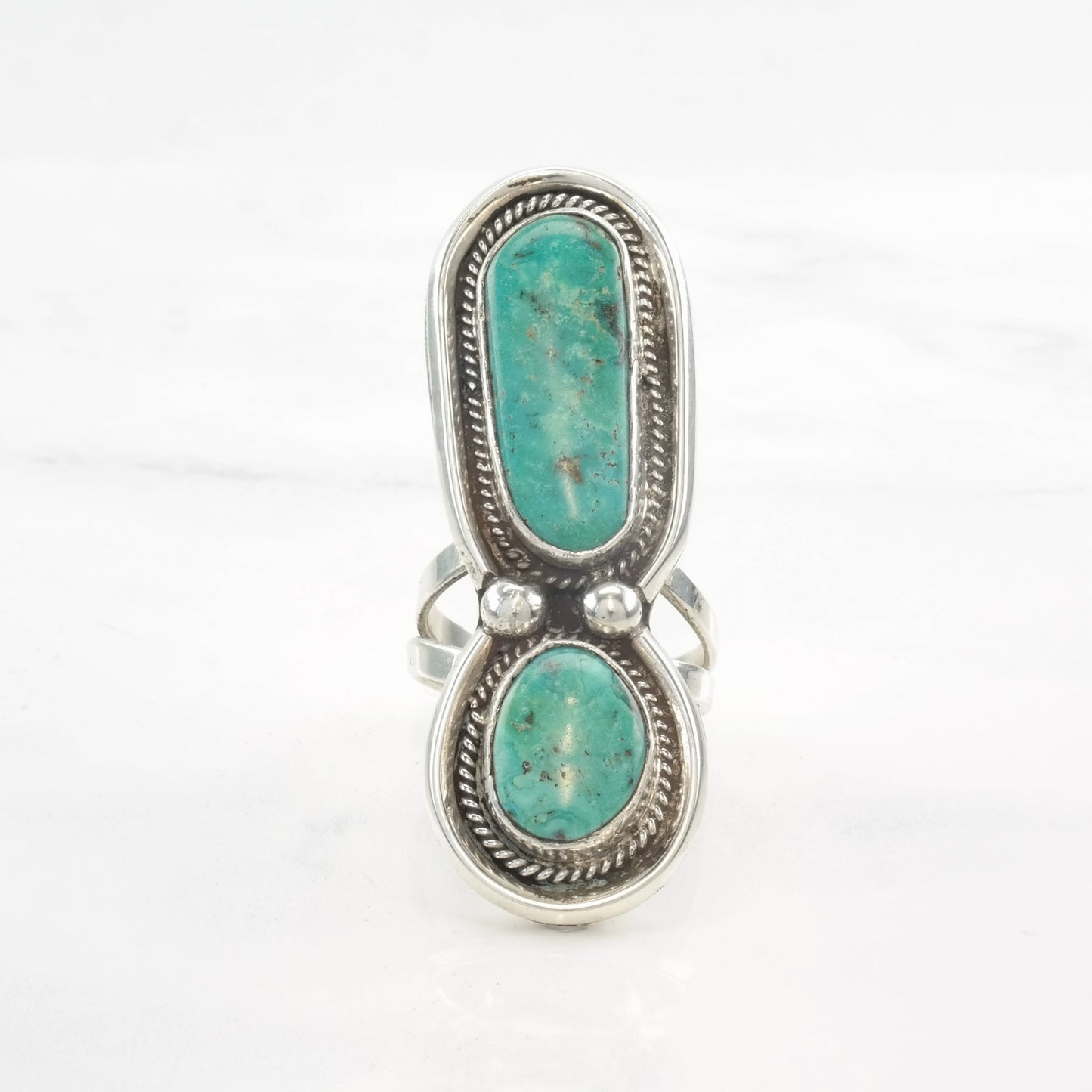 Vintage Native American Ring Two Stone, Turquoise Exclamation Point Sterling Silver Size 9